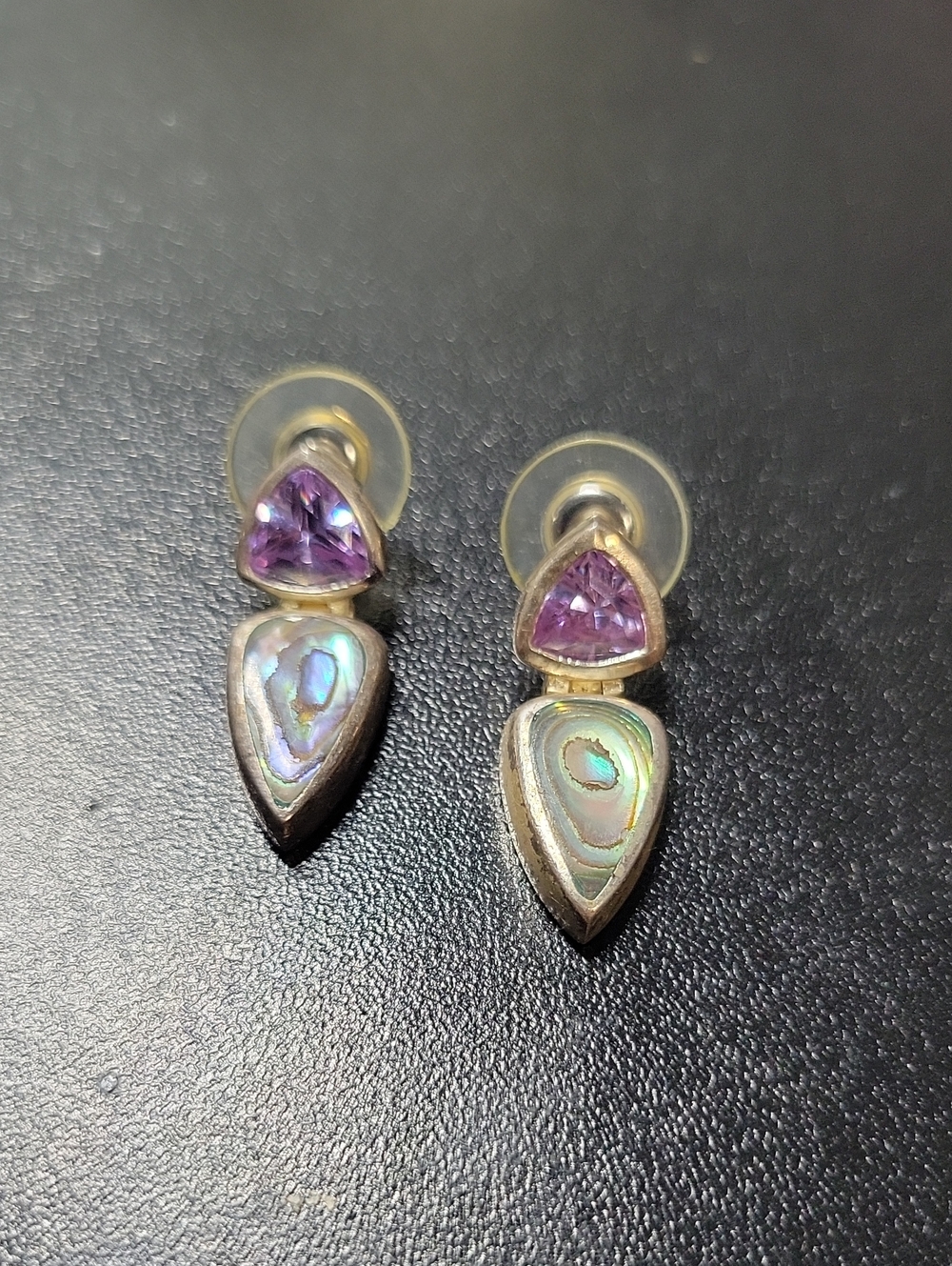 Vintage Sterling Silver Amethyst and Abalone Teardrop Earrings